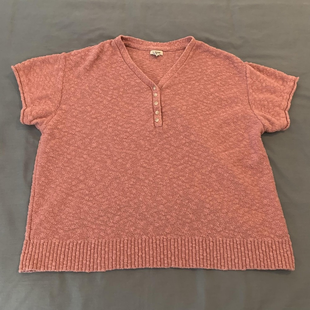 LL Bean Sweater Womens 2X Pink Short Sleeve Henley V Neck Cotton Knit Plus Size